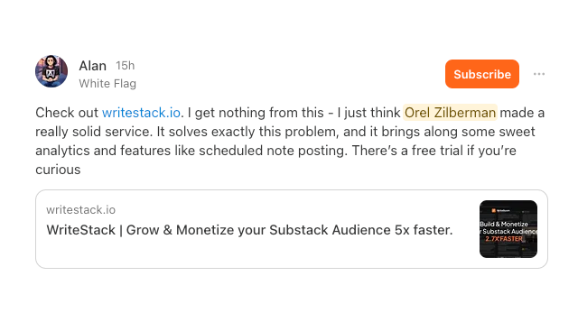 Substack Note by Alan