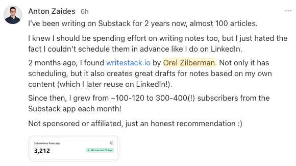 Substack Note by Anton Zaides